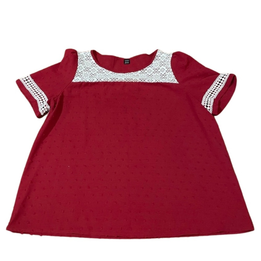 SHEIN Red Short Sleeve Eyelet Top with White Crochet Trim